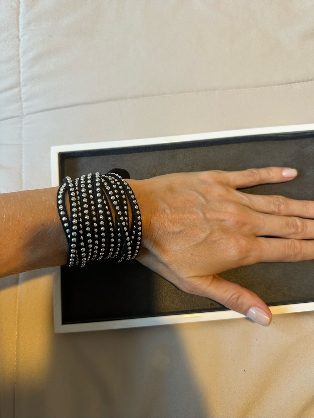 Multi-Row Black Wrap Bracelet with Silver Studs